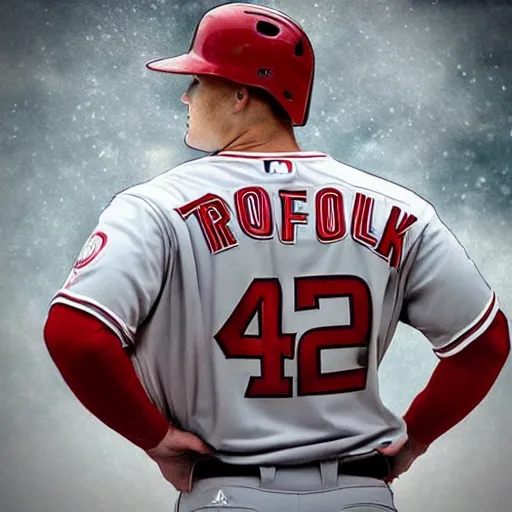 Image similar to “a realistic detailed photo of a guy who is named Mike Trout a baseball player, frozen like a statue”