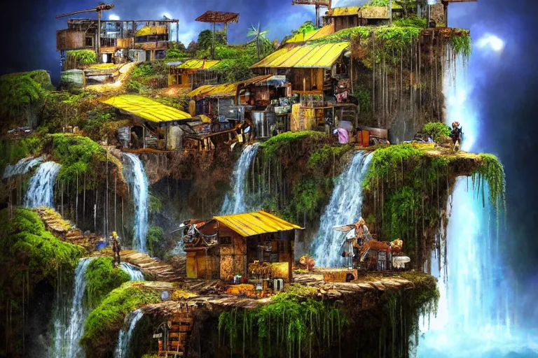 Image similar to mission waterfall favela honeybee hive, subconscious environment, industrial factory, award winning art, epic dreamlike fantasy landscape, ultra realistic,