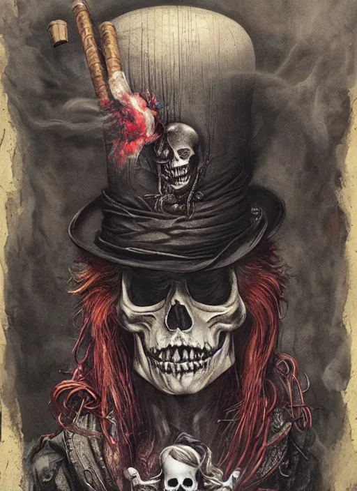 Prompt: Mad hatter smoking cigar, death tarot card,highly detailed,half skull face,cinematic,8k,by Stanley Artgermm,Tom Bagshaw,Greg Rutkowski,Carne Griffiths, Ayami Kojima, Beksinski, Giger,trending on DeviantArt,hyper detailed,horror, full of colour