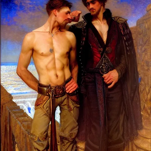 Image similar to attractive arthur pendragon with attractive male merlin the mage. they are in love. highly detailed painting by gaston bussiere, craig mullins, j. c. leyendecker