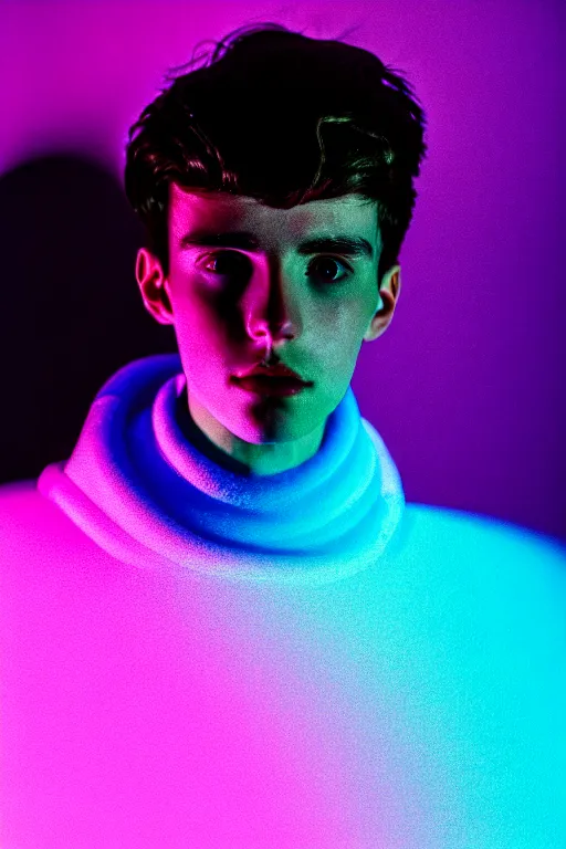 Image similar to high quality pastel coloured film mid angle selfie photograph of a beautiful young 2 0 year old male, soft features, black hair, wearing reflective padded clothing standing in an icelandic black rock environment. atmospheric. three point light. photographic. art directed. ( pastel colours ). volumetric light. sheen. waves glitch. 8 k. filmic.