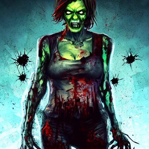 Image similar to angry zombie full body portrait of milla jovovich, new york city background, grimdark horror, stylized digital illustration, radiating a glowing aura, global illumination, ray tracing, hdr, fanart arstation by ian pesty and katarzyna bek - chmiel