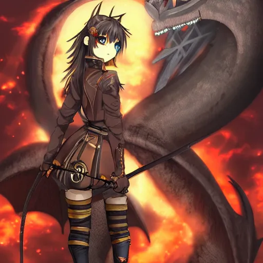 Prompt: anime girl with steampunk clothes and a steampunk sword fighting a massive dragon, extremely detailed, intense, ominous, lots of particles, sparks, dark, black, red, orange,