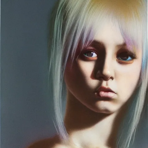 Image similar to A young woman with dyed hair hair looking disgusted away from the camera, Punk, Portrait by Noriyoshi Ohrai, rendered in octane, oil on canvas