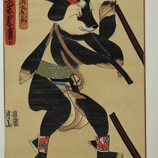 Image similar to Japanese woodblock painting of a foxhound holding a samurai sword
