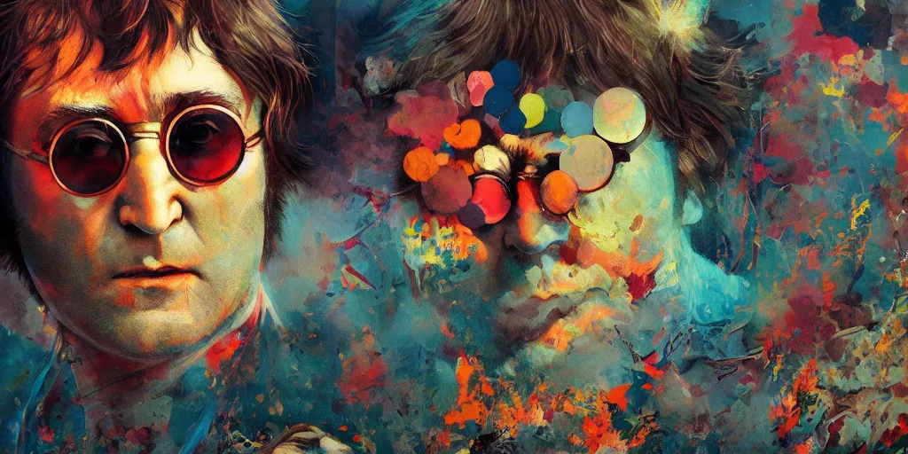 Prompt: john lennon 1 9 7 6, colorful, series of dreams, contrast, kim jung gi, greg rutkowski, zabrocki, karlkka, jayison devadas, trending on artstation, 8 k, ultra wide angle, zenith view, pincushion lens effect