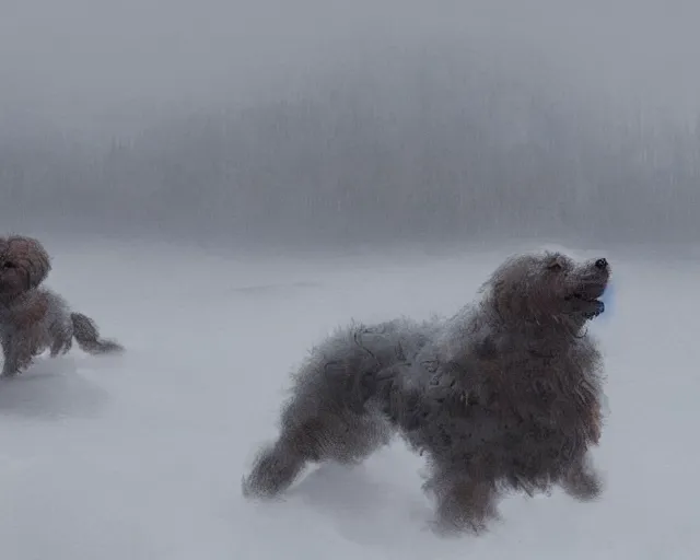 Image similar to prompt bichon battles through snowstorm with stomach scarred, digital painting, in the style of greg rutkowski, highly detailed