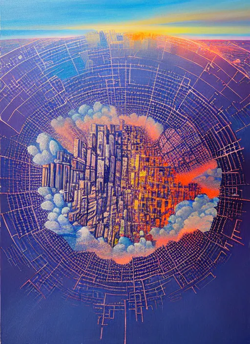 Prompt: a beautiful painting of a satellite view of glitched city behind clouds, by oliver vernon