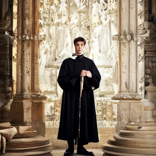 Image similar to attractive kai havertz wearing priest outfit holding large detailed ivory candlestick. natural lighting by ruan jia, portrait