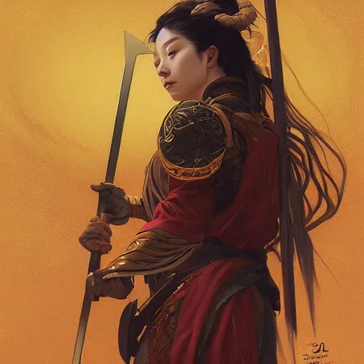 Prompt: female japanese sword goddess, d & d, golden!!! palette, highly detailed, digital painting, artstation, portrait, concept art, sharp focus, illustration, cinematic lighting, art by artgerm and greg rutkowski and alphonse mucha