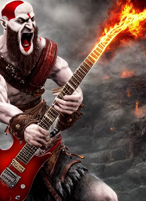 Image similar to screaming kratos rocking out on a flaming stratocaster guitar, cinematic render, god of war 2 0 1 8, playstation studios official media, lightning, flames, left eye stripe, left eye stripe, left eye stripe, left eye stripe, clear, coherent