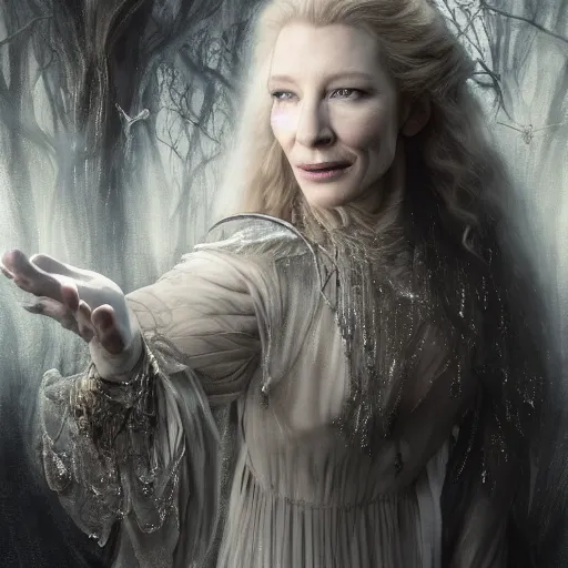 Prompt: portrait of ((mischievous)), baleful Cate Blanchett as Galadriel as a queen of fairies, dressed in a beautiful silver dress. The background is a dark, creepy eastern europen forrest. night, horroristic shadows, high contrasts, lumnious, ((mist filters)), theatrical, character concept art by ruan jia, thomas kinkade, and J.Dickenson, trending on Artstation