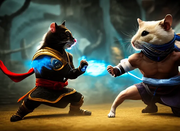 Prompt: hamster dressed as sub zero fights a cat dressed as kung lao in mortal kombat on the background of a laughing shao khan. fantasy magic style. highly detailed 8 k. intricate. lifelike. soft light. sony a 7 r iv 5 5 mm. unreal engine with nanite and path tracing