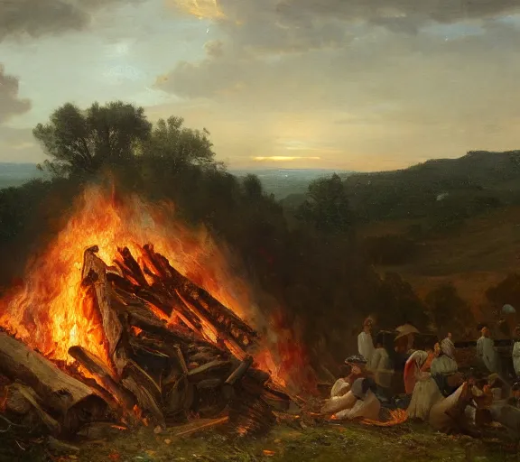 Image similar to landscape portrait of a funeral pyre with cash on it, by william sidney mount, trending on artstation