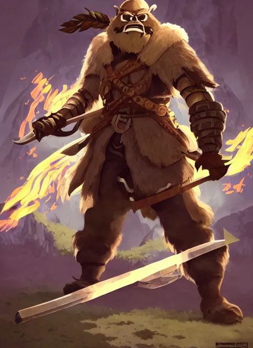 Image similar to strong young man, bugbear ranger, black beard, dungeons and dragons, hunters gear, flaming sword, jeweled ornate leather armour, concept art, character design on white background, by studio ghibli, makoto shinkai, kim jung giu, poster art, game art