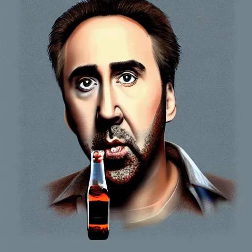 Image similar to Drinking from bottle liquid with face Nicolas Cage. Surrealism. Surreal drawing. Digital art, from artstation