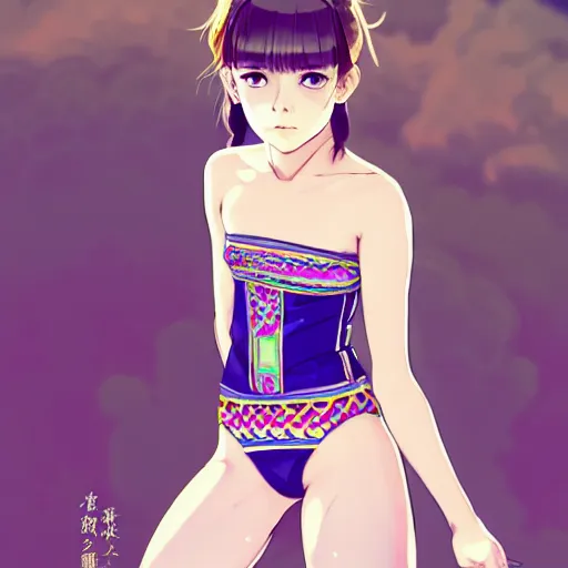 Image similar to a beautiful boyish emma watson alluring instagram model, wearing elaborate japanese hiphop leotard outfit with mayan pattern and native fashion, aztec street fashion bathing suit, jrpg fashion, gapmoe yandere grimdark, trending on pixiv fanbox, painted by greg rutkowski makoto shinkai takashi takeuchi studio ghibli, akihiko yoshida