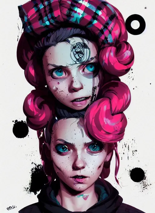 Image similar to highly detailed portrait of a sewer punk lady, tartan hoody, blonde ringlet hair by atey ghailan, by greg rutkowski, by greg tocchini, by james gilleard, by joe fenton, by kaethe butcher, gradient magenta, black, blonde cream and white color scheme, grunge aesthetic!!! ( ( graffiti tag wall background ) )