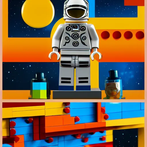 Image similar to toy astronaut profile page in the lego mozaik style by lego, realistic, colorful, positive vibes, cinematic, hd