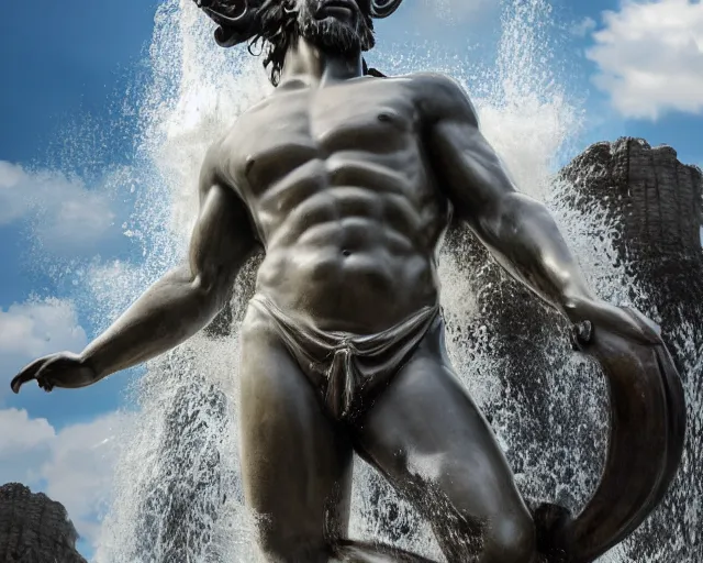 Image similar to a giant abstract sculpture of a legendary greek warrior god on the water, in the style of thomas schutte, award winning, cinematic, hyper - realistic, very detailed, realistic water splashes, ray tracing, 8 k resolution, long - shot, sharp focus, low angle, 8 5 mm photograph, wide lens