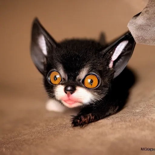 Prompt: a bat kitten wears a hut, photo taken by a nikon, 4k, very detailed, high quality