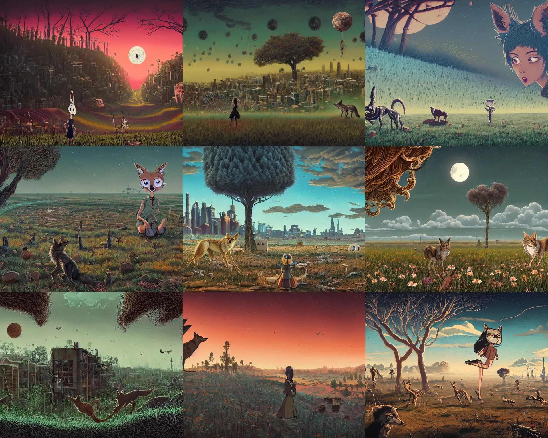 Prompt: a single coyote warns a single innocent black haired girl of quantum apocalyse. intricate, 8 k detail, animation cinematic, anime, matte sharp painting, pastoral backyard setting, innercity view, ultrafine hyperdetailed illustration, pop art, gary baseman, dan mumford, pedro correa, jon macnair, taras susak