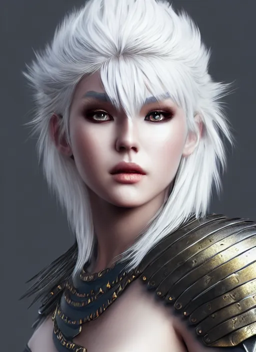 Image similar to warrior, fur leather armor!!! beautiful and elegant white hair female!! gorgeous ayes!! character concept art, sharp focus, octane render! unreal engine 5! highly rendered!! trending on artstation!! detailed linework!! illustration by artgerm, wlop, and chie yoshii