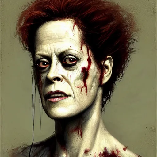 Prompt: color head portrait of sigourney weaver as a zombie, 7 days to die zombie, gritty background, fine art, award winning, intricate, elegant, sharp focus, cinematic lighting, digital painting, 8 k concept art, art by michael hussar, art by brom, art by guweiz and z. w. gu, 8 k