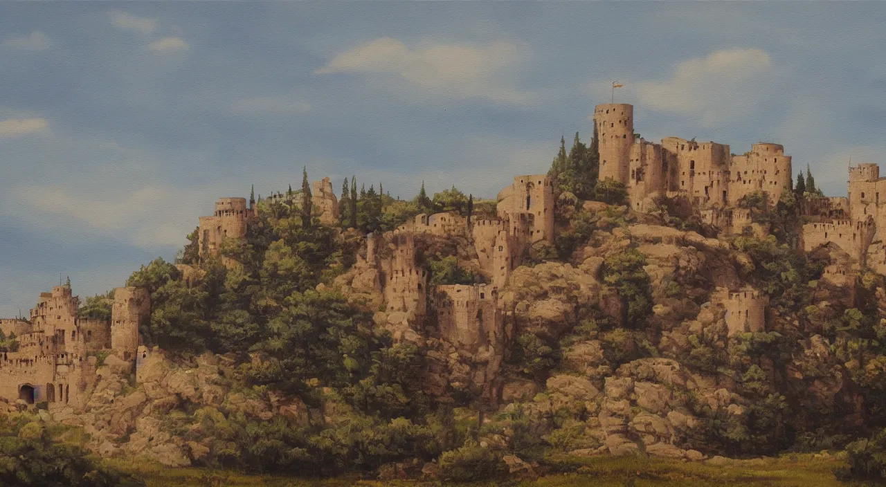 Prompt: a landscape painting of a byzantine castle, trending on artstation