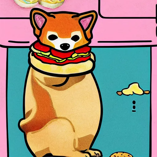 Image similar to a fortune-telling shiba inu reading your fate in a giant hamburger, digital art