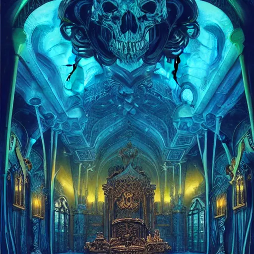 Prompt: Rafael Albuquerque comic art and artgerm, The interior of an underwater city, insanely ornamented with baroque evil golden decorations, black ornaments, ominous devilish altar made of bones, blue neon light coming from the windows, mysterious atmosphere, octane