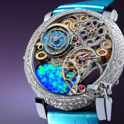 Prompt: a steampunk sleek, jewelled, Opal Loving Butterfly Automaton watch by Jaquet Droz, highly detailed illustration highlights, gold and silver highlights, neon blue highlights, macro photography, F/2.8, trending on artstation, octane render