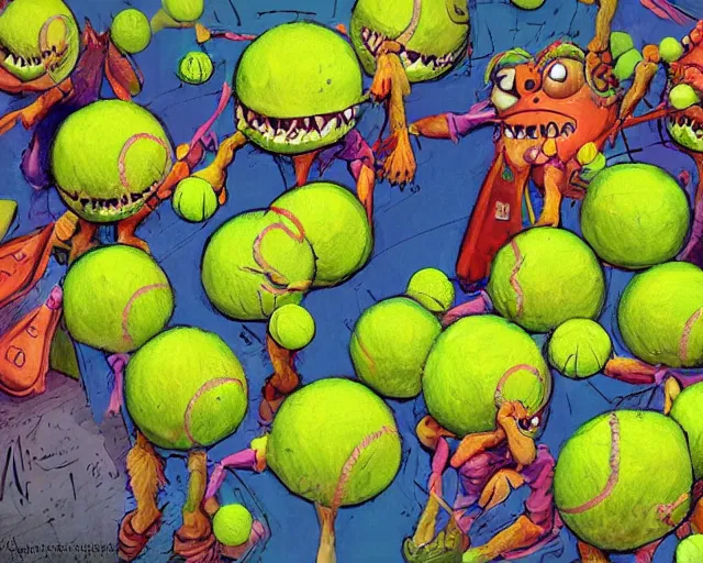 Image similar to tennis ball monsters, theme park, digital art, fantasy, magic, chalk, chalked, trending on artstation, ultra detailed, detailed, fine details, professional illustration by basil gogos