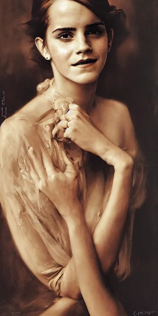 Image similar to emma watson coyly smiling detailed portrait painting by gaston bussiere craig mullins j. c. leyendecker photograph by richard avedon peter lindbergh annie leibovitz