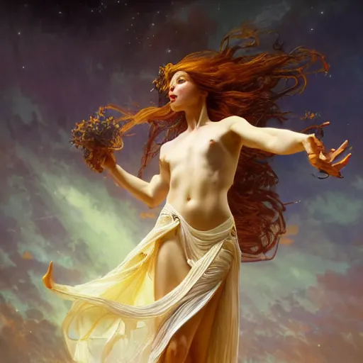 Prompt: a stunning dynamic pose full body of a celestial goddess of the ethereal cosmos, intricate, 8k highly professionally detailed, hdr, CGSociety, dark fantasy, dynamic lighting, cinematic, pristine, smooth, cosplay, elegant, sharp focus, art by alphonse mucha and greg rutkowski,