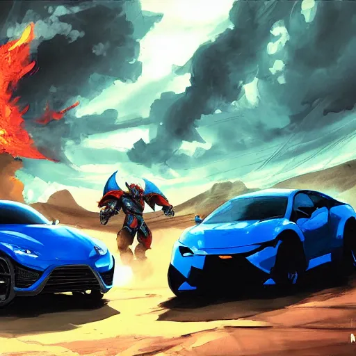 Prompt: dragon fire vs blue armor knight shield, green car hatchback, desert landscape, greg manchess, akehiko inoue and ross tran