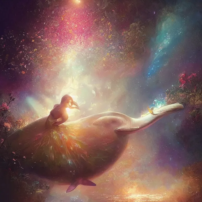 Image similar to glimmering whale, flowing dress, flowers, cosmos, milky way galaxy, golden hour, god rays, coral reef, dreamscape by artgerm and ruan jia and ismail inceoglu and greg olsen, masterpiece, beautiful, intricate, elegant, highly detailed