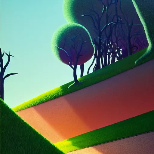 Prompt: pop - surrealist painting of an infinity machine, octane render, unreal engine, trees and pines everywhere, very nice pastel colors, lights and shadows, glowing hot sun, very coherent, houdini algorithmic generative art, painted by edward hopper, wayne barlowe, painted by james gilleard, airbrush, art by jamesjean