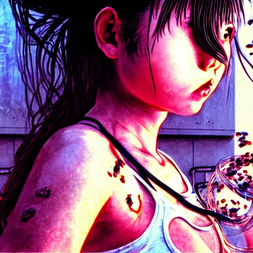 Prompt: terrifying closeup portrait of a beautiful carefree stoner girl in tanktop covered in rats, by katsuhiro otomo, yoshitaka amano, nico tanigawa, rendered with intense 3 d effect reflective shadowing, cinematic lighting, hyperrealistic illustration uhd 8 k