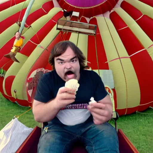 Prompt: jack black eating ice cream while riding in a hot air balloon with prince the musician, tv still, 8 k