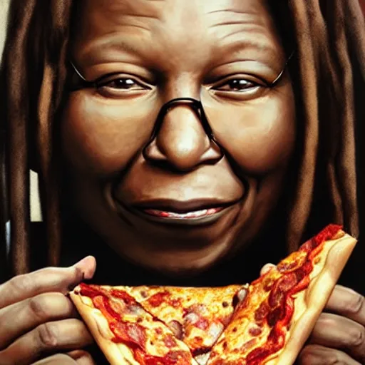 Image similar to portrait of whoopi goldberg opening his mouth to eat pizza, highly detailed, digital painting, artstation, concept art, sharp focus, illustration, art by artgerm and greg rutkowski and alphonse mucha