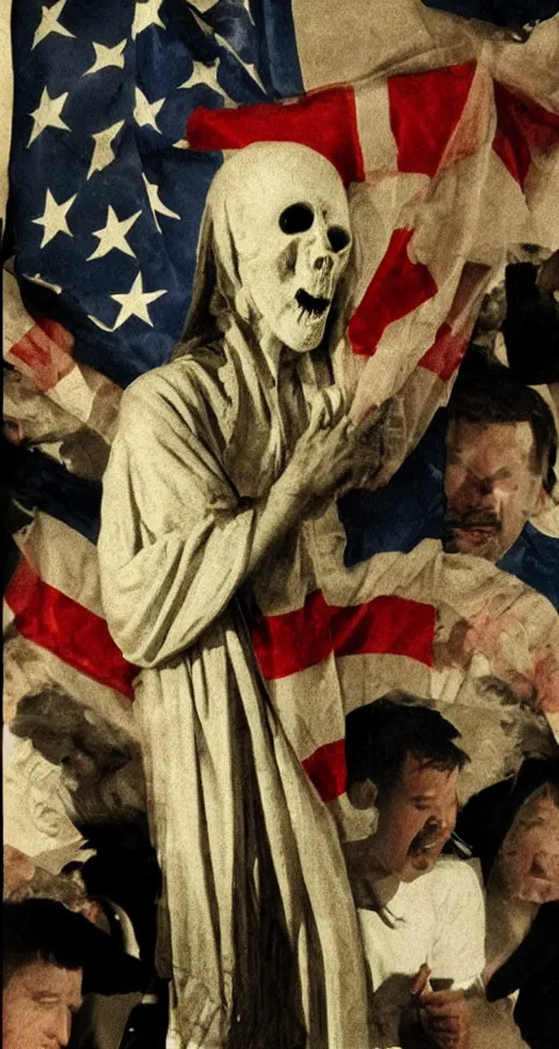Image similar to ghost emerging from a politician, american flag, jesus christ crying in the background, lomo