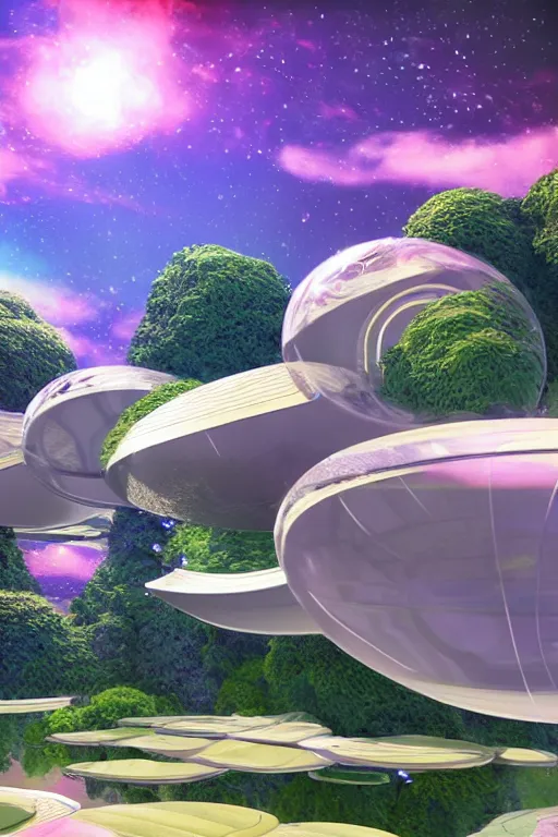 Image similar to multi level botanical garden spaceship floating in space, calm, tranquil, faded effect, detailed, vaporwave colors, render by substance designer