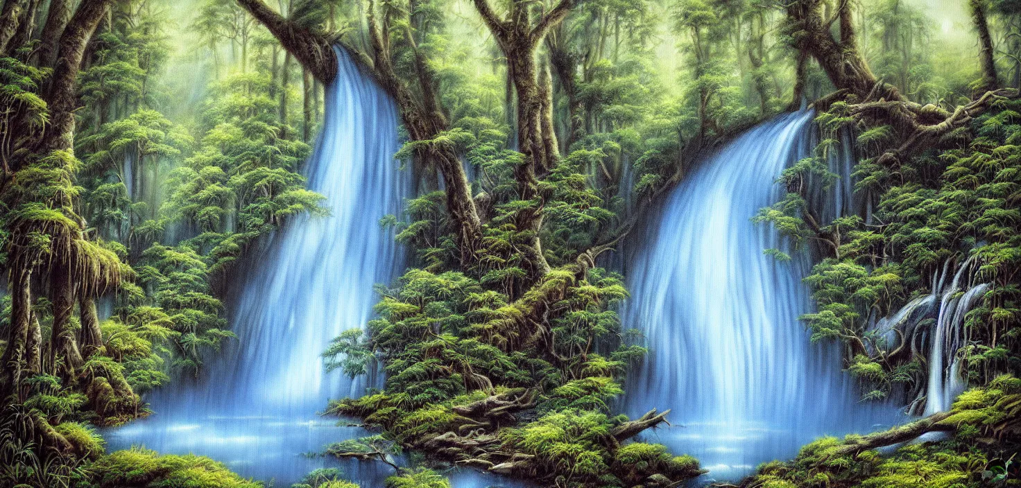 Prompt: a painting of a waterfall in a forest, an airbrush painting by terry redlin, deviantart, metaphysical painting, airbrush art, detailed painting, oil on canvas