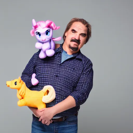 Prompt: fat mike lindell holding a my little pony plushy. commercial photography