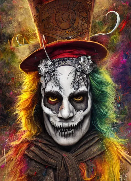 Image similar to mad hatter, polynesian god, half skull half face, highly detailed, cinematic, 8 k, by megan duncanson, benjamin lacombe, adrian borda, stanley artgermm, tom bagshaw, craig mullins, carne griffiths, ayami kojima, beksinski, giger, trending on deviantart, hyper detailed, horror, full of colour