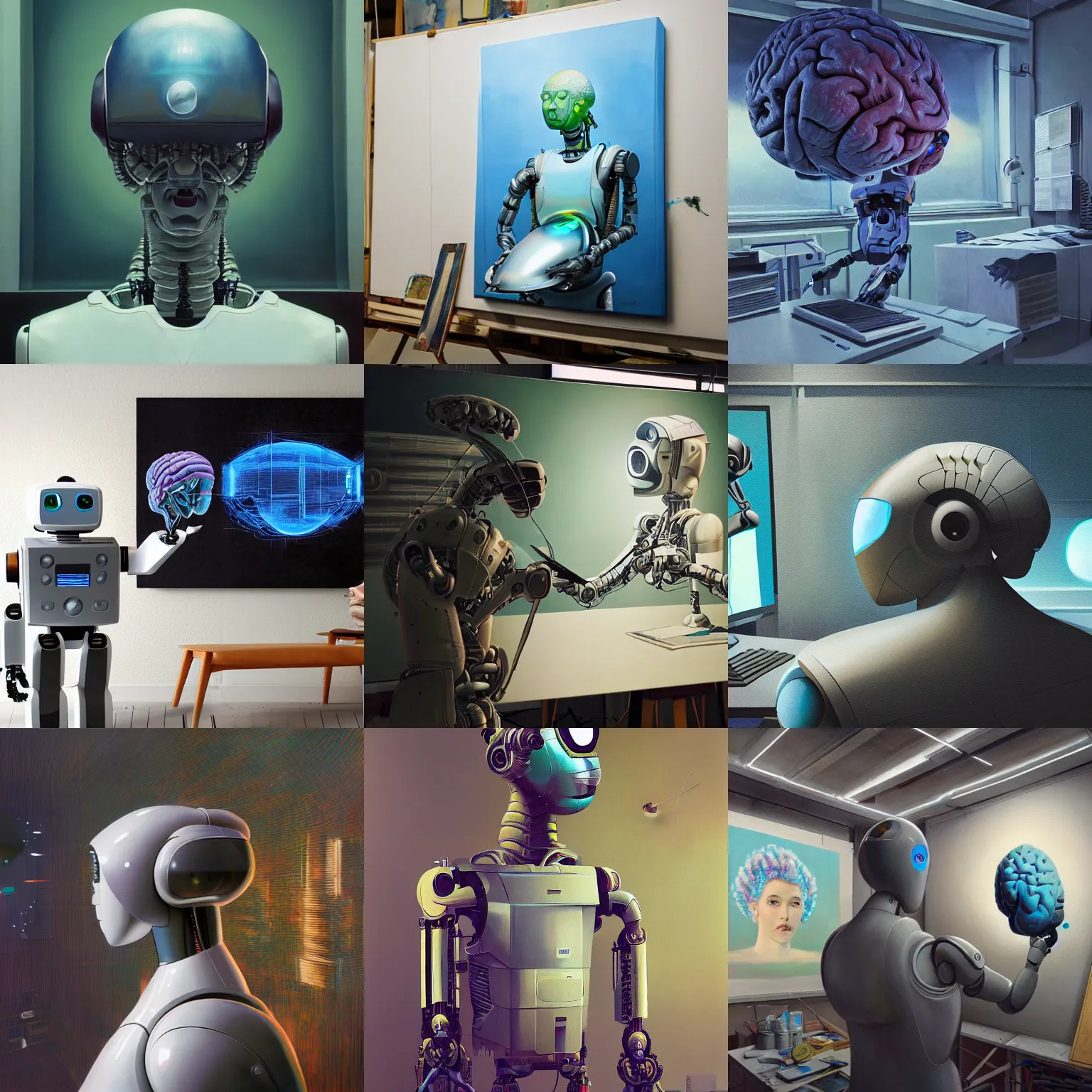 Prompt: photorealistic illustration of a sci - fi robot in an artist's studio, painting a picture of a human brain on a large canvas, beeple