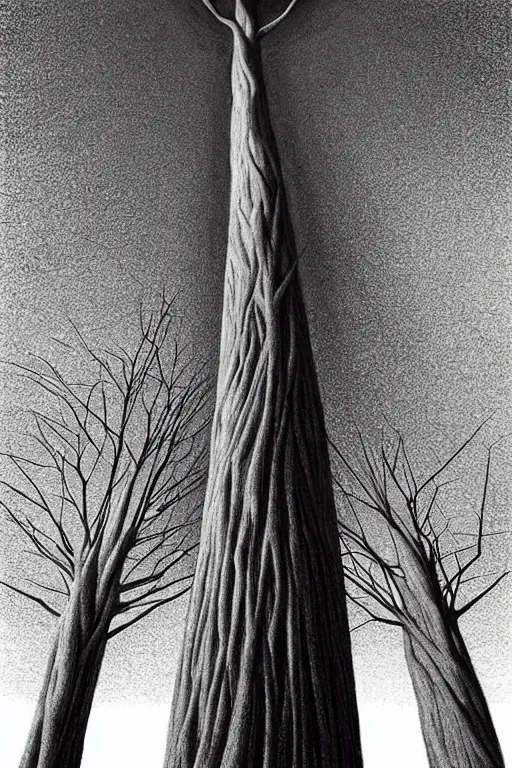 Prompt: an impossibly tall pompom tree with an extremely long trunk and long branches looming miles above the viewer, viewed from below, digital illustration by chris van allsburg and artgerm, surreal, photorealistic