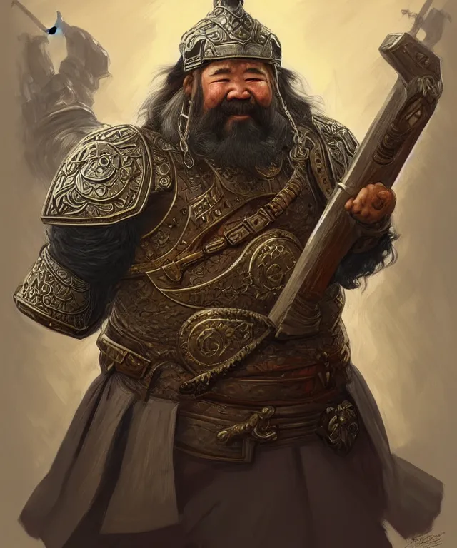 Image similar to old mongolian dwarven general portrait, armored, holding a warhammer, face, long hair, moustache, goatee, fantasy, intricate, elegant, highly detailed, digital painting, artstation, concept art, smooth, sharp focus, illustration, art by artgerm and greg rutkowski and alphonse mucha