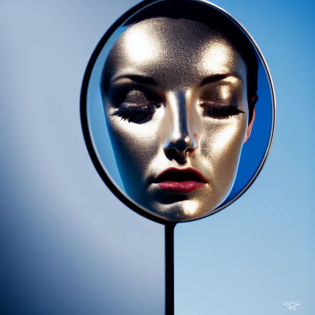 Image similar to portrait of metallic face, woman, mercury, mirror reflections, smooth texture, liquid metal, proud, looking away, outdoor, blue sky, 8 k, realistic, depth of field, highly detailed, award winning photography